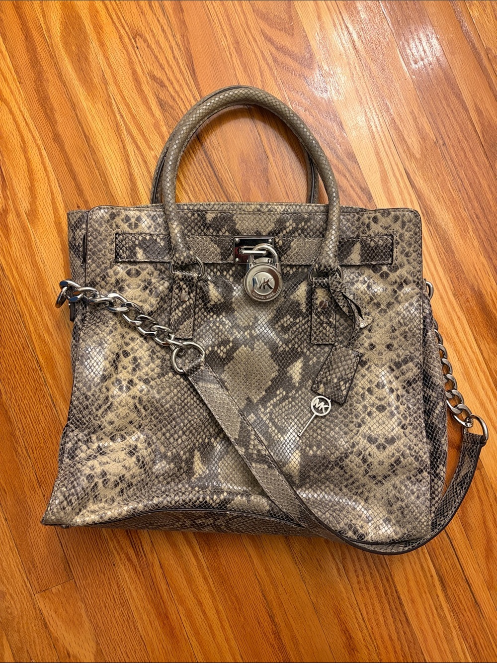 Michael Kors Hamilton Taupe Snake-Print Leather Satchel Shoulder Bag